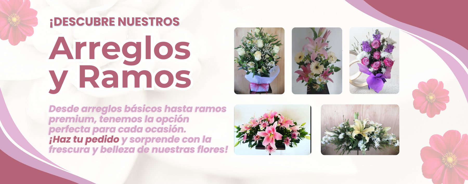 Imagen destacando varios arreglos florales de alta calidad, perfectos para cualquier ocasión, desde básicos hasta premium.