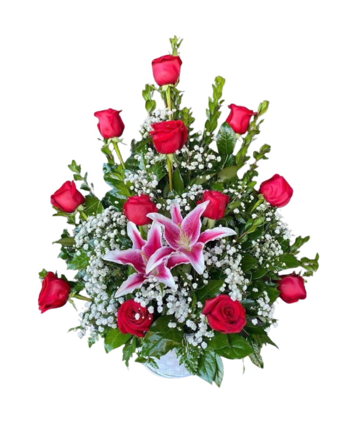 Arreglo floral con rosas rojas y lilium rosados para eventos en La Reina